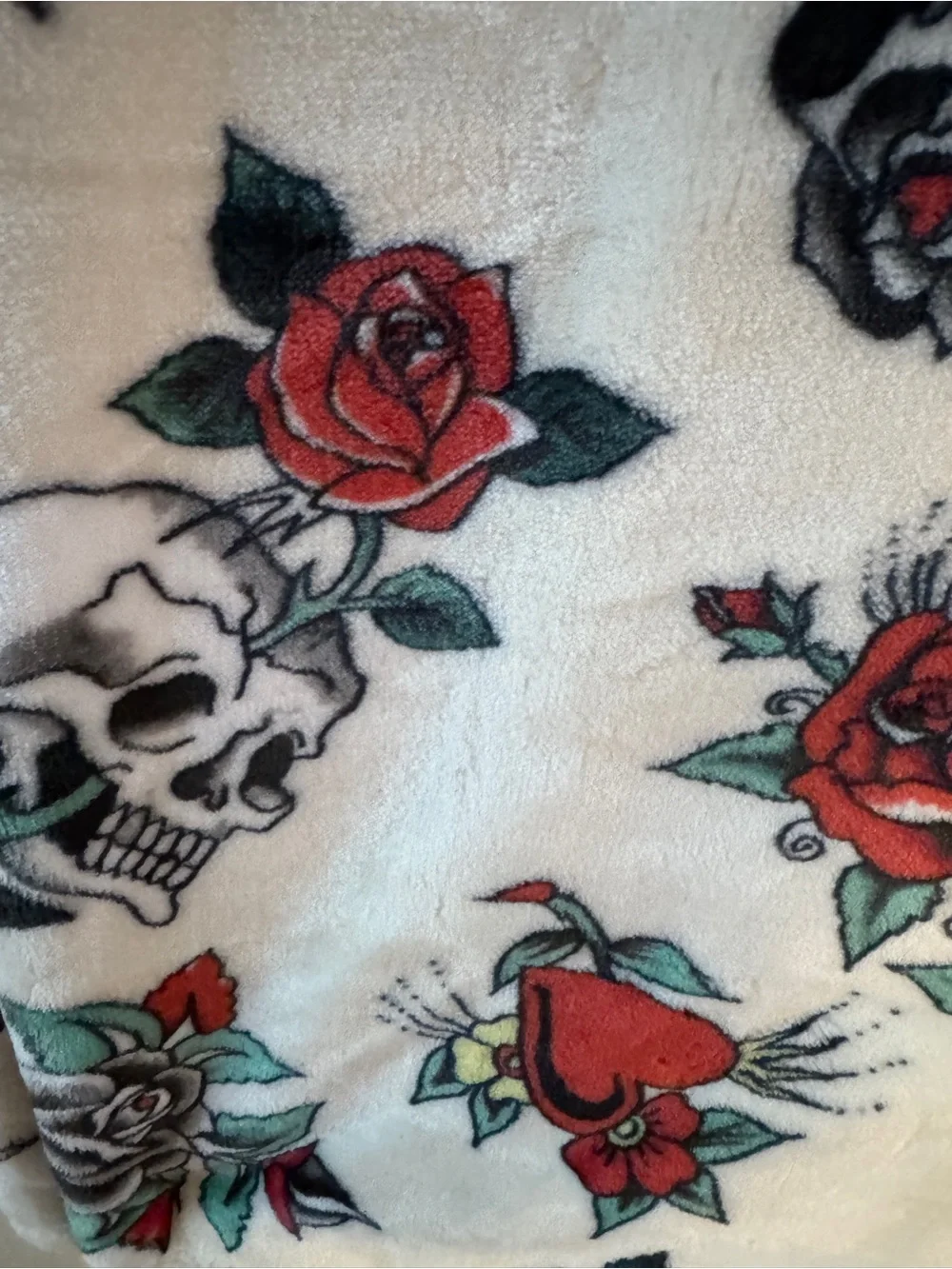 Ed Hardy White Floral and Skull Printed Plush Oversized Throw